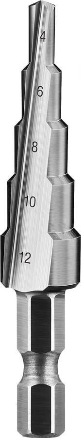 Сверло ступенчатое ЗУБР 4-12мм, 5 ступеней, L-65мм, Р6М5, HEX 1/4&quot;, &quot;ПРОФЕССИОНАЛ&quot; 29670-4-12-5_z01 — Официальный партнер ЗУБР в России