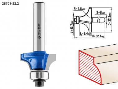 Фреза кромочная калевочная №1, D=22,2мм, рабочая длина-9,4мм, радиус-4,8мм, хв.-8мм, d-12,7мм, ЗУБР Профессионал — Официальный партнер ЗУБР в России