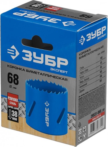 Коронка биметаллическая d-68мм, быстрорежущая сталь, глубина сверления до 38мм, 29531-068_z01 ЗУБР — Официальный партнер ЗУБР в России