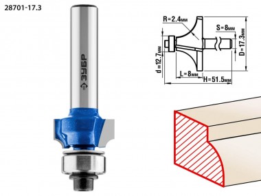 Фреза кромочная калевочная №1, D=17,3мм, рабочая длина-8мм, радиус-2,4мм, хв.-8мм, d-12,7мм, ЗУБР Профессионал — Официальный партнер ЗУБР в России