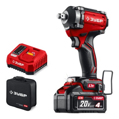 ЗУБР 20 В, 500 Н·м, 1 АКБ LMS (4 А·ч), бесщеточный ударный гайковерт, сумка (ГБУ-500-41) — Официальный партнер ЗУБР в России