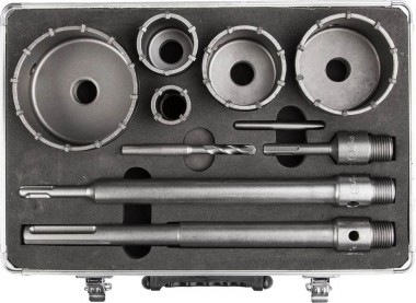 Набор буровых коронок ЗУБР, 5 шт/ 33, 50, 68, 82, 100мм, с державками SDS-PLUS и SDS-MAX, 10 предметов — Официальный партнер ЗУБР в России