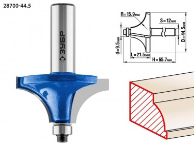 Фреза кромочная калевочная №1, D= 44,5мм, рабочая длина-21,5мм, радиус-15,9мм, хв.-12мм, d-9,5мм, ЗУБР Профессионал — Официальный партнер ЗУБР в России
