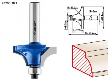 Фреза кромочная калевочная №1, D= 38,1мм, рабочая длина-17,5мм, радиус-12,7мм, хв.-8мм, d-9,5мм, ЗУБР Профессионал — Официальный партнер ЗУБР в России