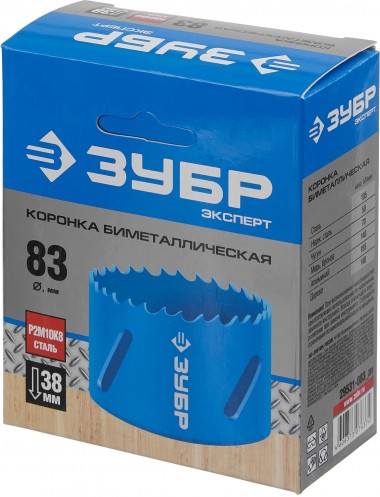 Коронка биметаллическая d-83мм, быстрорежущая сталь, глубина сверления до 38мм, 29531-083_z01 ЗУБР — Официальный партнер ЗУБР в России