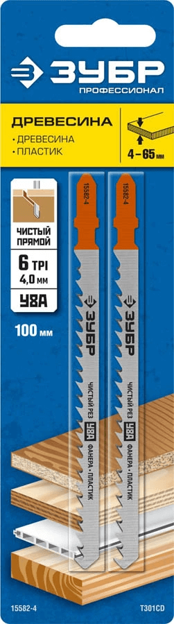 Полотна для эл.лобзика ЗУБР по дереву, пластику, eu-хвостовик, шаг 4 мм, 100 мм, 2 шт., &quot;ПРОФЕССИОНАЛ&quot; 15582-4_z02 — Официальный партнер ЗУБР в России