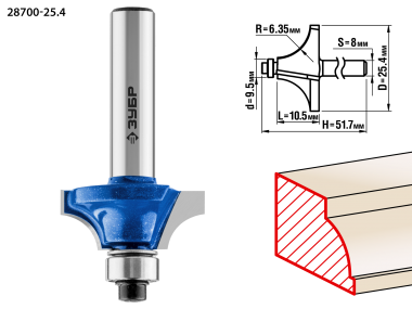 Фреза кромочная калевочная №1, D= 22,2мм, рабочая длина-9мм, радиус-4,8мм, хв.-8мм, d-9,5 мм, ЗУБР Профессионал &mdash; Официальный партнер ЗУБР в России