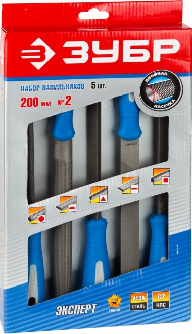 Набор ЗУБР: Напильники &quot;ПРОФЕССИОНАЛ&quot; с двухкомп ручкой, плоский, полукруглый, трехгранный, квадратный, круглый, №2, 200мм — Официальный партнер ЗУБР в России