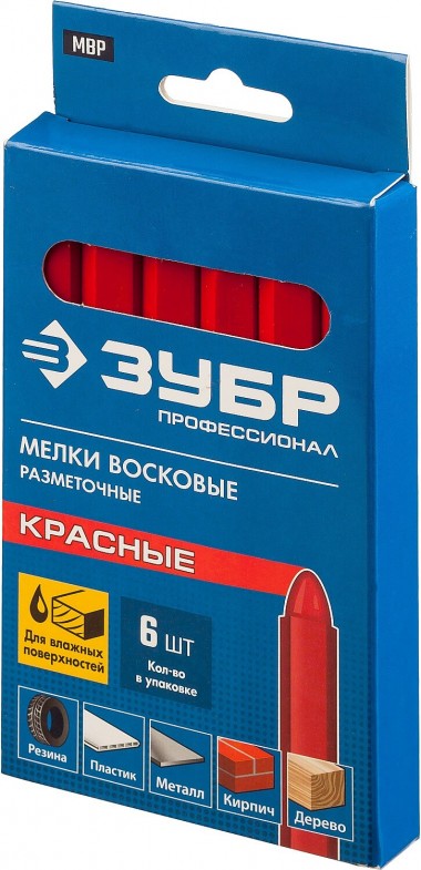 Мелки восковые разметочные, 6 шт, красные ЗУБР 06330-3 — Официальный партнер ЗУБР в России