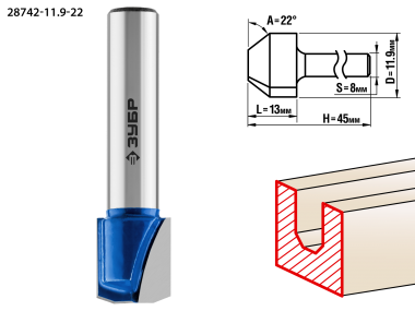Фреза пазовая фасонная №3, D= 11,9мм, рабочая длина-13мм, угол-22 градуса, хв.-8мм, ЗУБР Профессионал — Официальный партнер ЗУБР в России