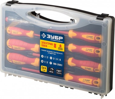 Набор диэлектрических отверток ЗУБР Профессионал, высоковольтный до ~1000В, тестер, 8 предметов, кейс, 25268 — Официальный партнер ЗУБР в России