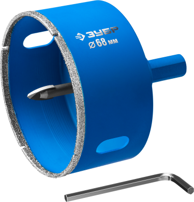Коронка алмазная по кафелю и стеклу, d=68 мм, зерно Р 60, в сборе с центрирующим сверлом и имбусовым ключом, ЗУБР Профессионал 29850-68 — Официальный партнер ЗУБР в России