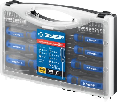 Набор: Отвертки профессиональные, Cr-Mo сталь, магнитный наконечник, в коробке, 27 предметов, ЗУБР &quot;ПРОФЕССИОНАЛ&quot; 25240 — Официальный партнер ЗУБР в России