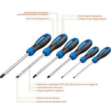 Набор: Отвертки профессиональные, Cr-Mo сталь, магнитный наконечник, в коробке, SL3,5,6/PH0,1,2, ЗУБР &quot;ПРОФЕССИОНАЛ&quot; 25239 — Официальный партнер ЗУБР в России