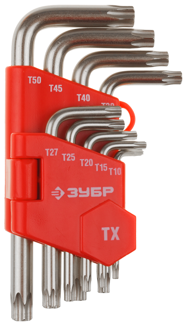 Набор ЗУБР Ключи &quot;МАСТЕР&quot; имбусовые короткие, Cr-V, сатинированное покрытие, пластик. держатель, TORX Т10-Т50, 9 предм., 27462-1_z02 — Официальный партнер ЗУБР в России