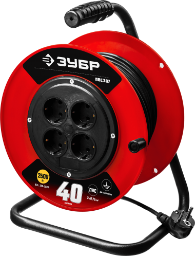 Удлинитель на катушке ПВС 307, 40 м, 2500 Вт, 4 гнезда, ПВС 3х0,75 кв мм, ЗУБР — Официальный партнер ЗУБР в России