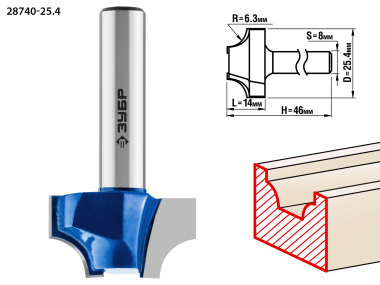 Фреза пазовая фасонная №1, D= 19мм, рабочая длина-11мм, радиус-3,2мм, хв.-8 мм, ЗУБР Профессионал — Официальный партнер ЗУБР в России