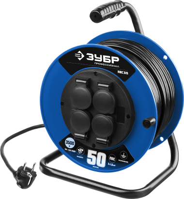 Удлинитель на катушке ПВС 315, 50 м, 3500 Вт, 4 гнезда, IP44, ПВС 3х1,5 кв мм, ЗУБР Профессионал — Официальный партнер ЗУБР в России