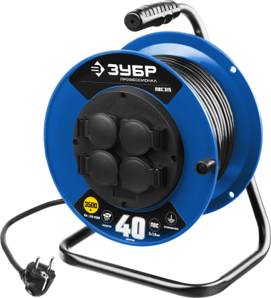 Удлинитель на катушке ПВС 315, 40 м, 3500 Вт, 4 гнезда, IP44, ПВС 3х1,5 кв мм, ЗУБР Профессионал — Официальный партнер ЗУБР в России
