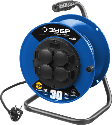 Удлинитель на катушке ПВС 315, 30 м, 3500 Вт, 4 гнезда, IP44, ПВС 3х1,5 кв мм, ЗУБР Профессионал — Официальный партнер ЗУБР в России