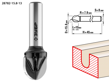 Фреза пазовая галтельная, D=15,8 мм, рабочая длина-13 мм, радиус-7,9 мм, хв.-8 мм, ЗУБР Профессионал — Официальный партнер ЗУБР в России