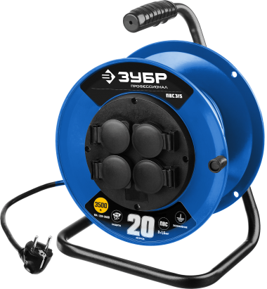 Удлинитель на катушке ПВС 315, 20 м, 3500 Вт, 4 гнезда, IP44, ПВС 3х1,5 кв мм, ЗУБР Профессионал &mdash; Официальный партнер ЗУБР в России