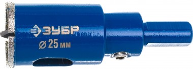 Коронка алмазная по кафелю и стеклу, d=25 мм, зерно Р 60, в сборе с центрирующим сверлом и имбусовым ключом, ЗУБР Профессионал 29850-25 — Официальный партнер ЗУБР в России
