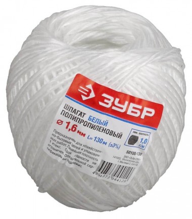 Шпагат ЗУБР полипропиленовый, d=1,6 мм, 130 м, белый, 22 кгс, 1,0 ктекс — Официальный партнер ЗУБР в России