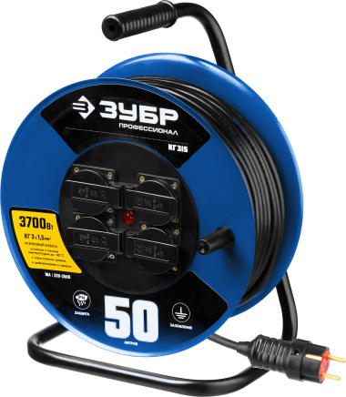 Удлинитель на катушке КГ 315, 50 м, 3700 Вт, 4 гнезда, IP44, КГ 3х1,5 кв мм, ЗУБР Профессионал — Официальный партнер ЗУБР в России