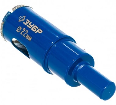 Коронка алмазная по кафелю и стеклу, d=22 мм, зерно Р 60, в сборе с центрирующим сверлом и имбусовым ключом, ЗУБР Профессионал 29850-22 — Официальный партнер ЗУБР в России