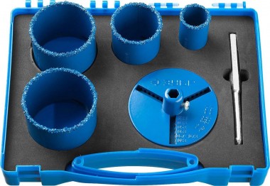 Набор кольцевых коронок ЗУБР с карбид-вольфрамовой крошкой, 6 предметов: d=33; 53; 67; 73мм; основание, сверло, кейс, &quot;Профессионал&quot;, 33350-H6_z01 — Официальный партнер ЗУБР в России