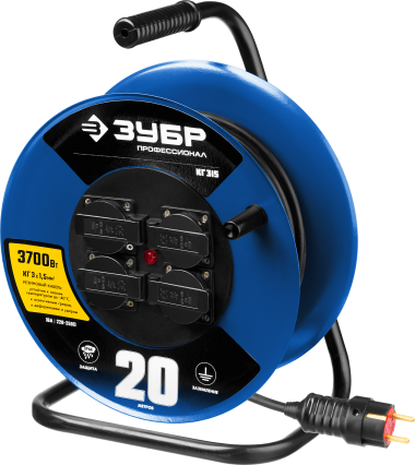 Удлинитель на катушке КГ 315, 20 м, 3700 Вт, 4 гнезда, IP44, КГ 3х1,5 кв мм, ЗУБР Профессионал — Официальный партнер ЗУБР в России