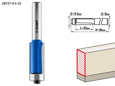Фреза кромочная с нижним подшипником, D= 9,5мм, рабочая длина-25мм, хв.-8мм, d-9,5мм, ЗУБР Профессионал — Официальный партнер ЗУБР в России