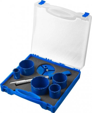 Набор кольцевых коронок ЗУБР с карбид-вольфрамовой крошкой, 8 предметов: d=33; 53; 67; 73; 83мм; основание, сверло, напильник, кейс, &quot;Профессионал&quot;, 33350-H8_z01 — Официальный партнер ЗУБР в России