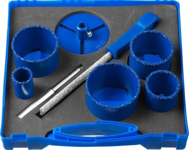 Набор кольцевых коронок ЗУБР с карбид-вольфрамовой крошкой, 8 предметов: d=33; 53; 67; 73; 83мм; основание, сверло, напильник, кейс, &quot;Профессионал&quot;, 33350-H8_z01 — Официальный партнер ЗУБР в России