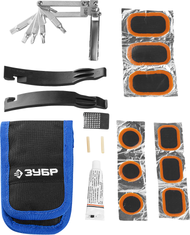 Набор ЗУБР &quot;ЭКСПЕРТ для обслуживания велосипеда: складной мультитул 11-в-1, комплект для ремонта шин, 16-в-1, в чехле, 27428-H16 — Официальный партнер ЗУБР в России