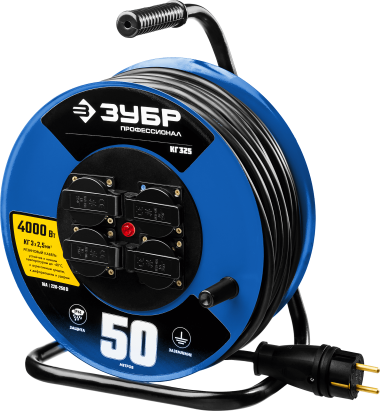 КГ 325 удлинитель на катушке, 50 м, 4000 Вт, 4 гнезда, IP44, КГ 3х2,5 кв мм, ЗУБР Профессионал — Официальный партнер ЗУБР в России