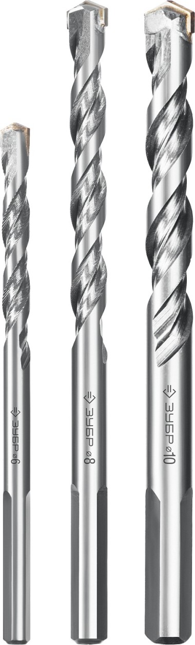 Набор сверл по бетону усиленных ЗУБР 3 шт: O 6-8-10 мм, 3-ранный хвостовик, 2916-H3_z01 Профессионал — Официальный партнер ЗУБР в России