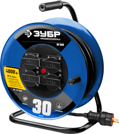КГ 325 удлинитель на катушке, 30 м, 4000 Вт, 4 гнезда, IP44, КГ 3х2,5 кв мм, ЗУБР Профессионал — Официальный партнер ЗУБР в России