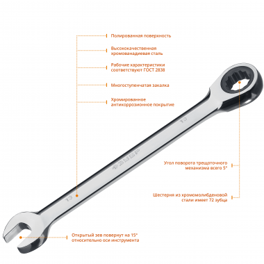 Комбинированный гаечный ключ трещоточный 13 мм, ЗУБР 27074-13_z01 — Официальный партнер ЗУБР в России