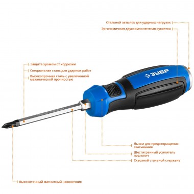 Отвертка ударная, сквозной Cr-V стержень, PH2 x 100 мм, усилитель под ключ, магнитный наконечник, двухкомп. рукоятка, ЗУБР Профессионал, &quot;УДАРНИК&quot; — Официальный партнер ЗУБР в России