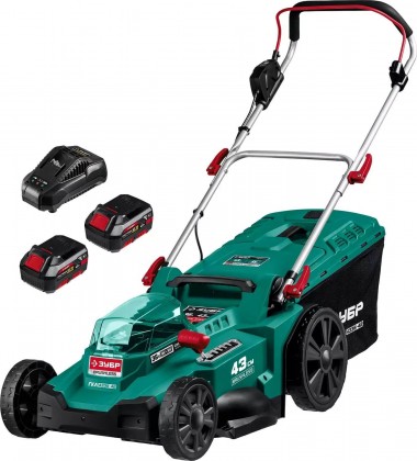Газонокосилка бесщеточная 36В ГКЛ-4336-42 ЗУБР, 430мм, 2х18В АКБ (4Ач), 6 ступеней кошения (25-75мм), 55л травосборник — Официальный партнер ЗУБР в России