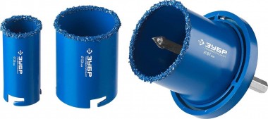 Набор кольцевых коронок ЗУБР &quot;ПРОФЕССИОНАЛ&quot; c карбид-вольфрамовым нанесением, 5 предм. в блистере: коронки O 33, 53, 67 мм, основание, сверло — Официальный партнер ЗУБР в России