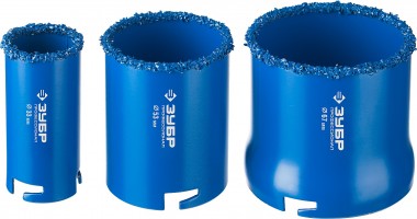 Набор кольцевых коронок ЗУБР &quot;ПРОФЕССИОНАЛ&quot; c карбид-вольфрамовым нанесением, 5 предм. в блистере: коронки O 33, 53, 67 мм, основание, сверло — Официальный партнер ЗУБР в России