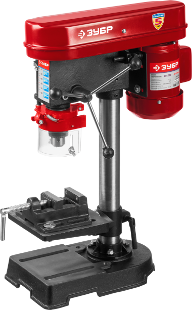 Сверлильный станок, ЗУБР ЗСС-350, 350Вт, 5 скор., патрон 13мм, ход 50мм, посадка В16(МТ2), безоп. вык-ль, тиски 63х63мм, от шпин. до основ. 290мм — Официальный партнер ЗУБР в России