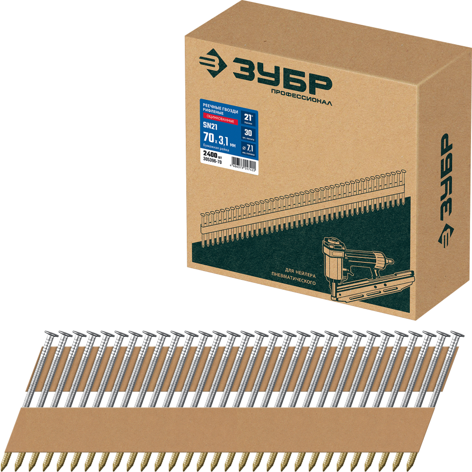 ЗУБР SN21 70 х 3.1 мм, реечные гвозди рифленые оцинкованные, 2400 шт (305396-70) фото 1 &mdash; Официальный партнер ЗУБР в России