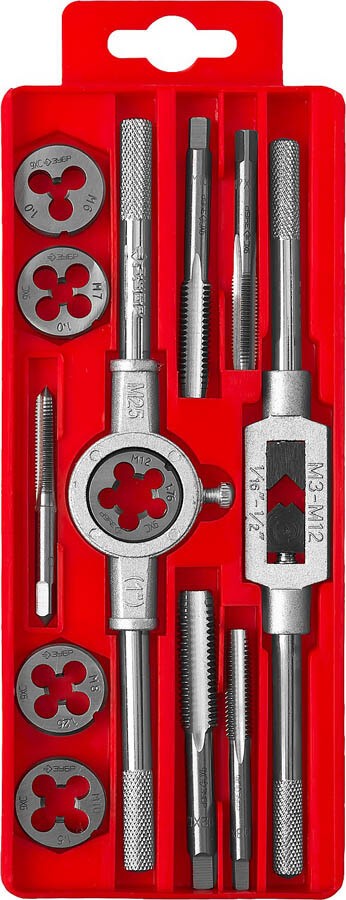 Набор ЗУБР &quot;МАСТЕР&quot; с металлореж. Инстр., метчики однопроходные и плашки М6-М12, оснастка - в пластиковом боксе, 12пред. — Официальный партнер ЗУБР в России