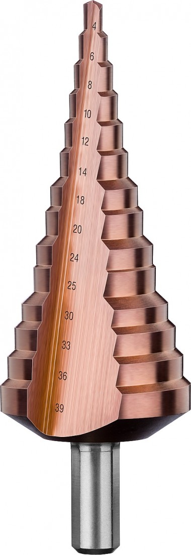 Сверло ступенчатое ЗУБР КОБАЛЬТ, 4-39мм, 14 ступеней, кобальтовое покрытие, &quot;ПРОФЕССИОНАЛ&quot;, 29672-4-39-14_z01 — Официальный партнер ЗУБР в России