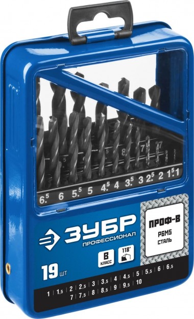 Набор сверл по металлу 19 шт (d=1-10 мм), сталь Р6М5, класс В, ЗУБР "Профессионал" 29621-H19 &mdash; Официальный партнер ЗУБР в России