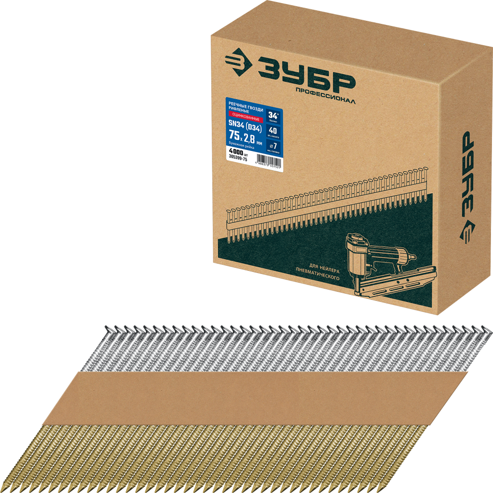 ЗУБР SN34 (D34) 75 х 2.8 мм, реечные гвозди рифленые оцинкованные, 4000 шт (305399-75) фото 1 &mdash; Официальный партнер ЗУБР в России